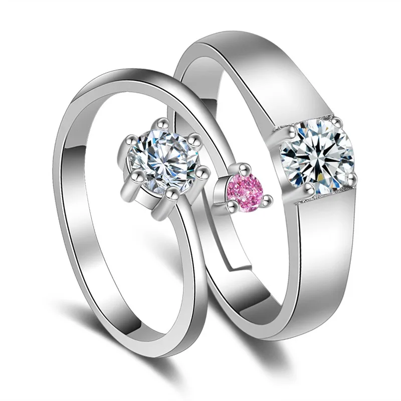 

100% 925 sterling silver romantic shiny crystal lovers wedding couple rings jewelry female male finger ring wholesale no fade