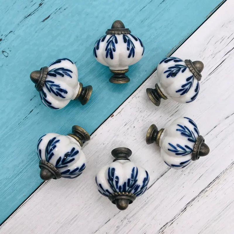 6pcs Furniture Handware 34mm Blue and White Hand Painted Pumpkin Ceramic knobs pulls for Cupboard Cabinet Door Drawer Knobs |