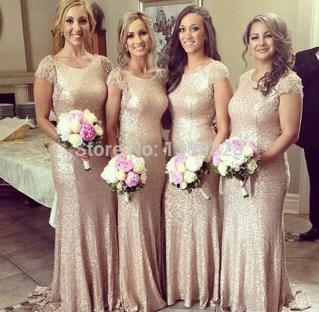 

Champagne gold Long Bridesmaid Dresses Sequined Short Sleeve Floor Length Bridesmaid Dress 2019 Prom Gown Wedding Party Dress