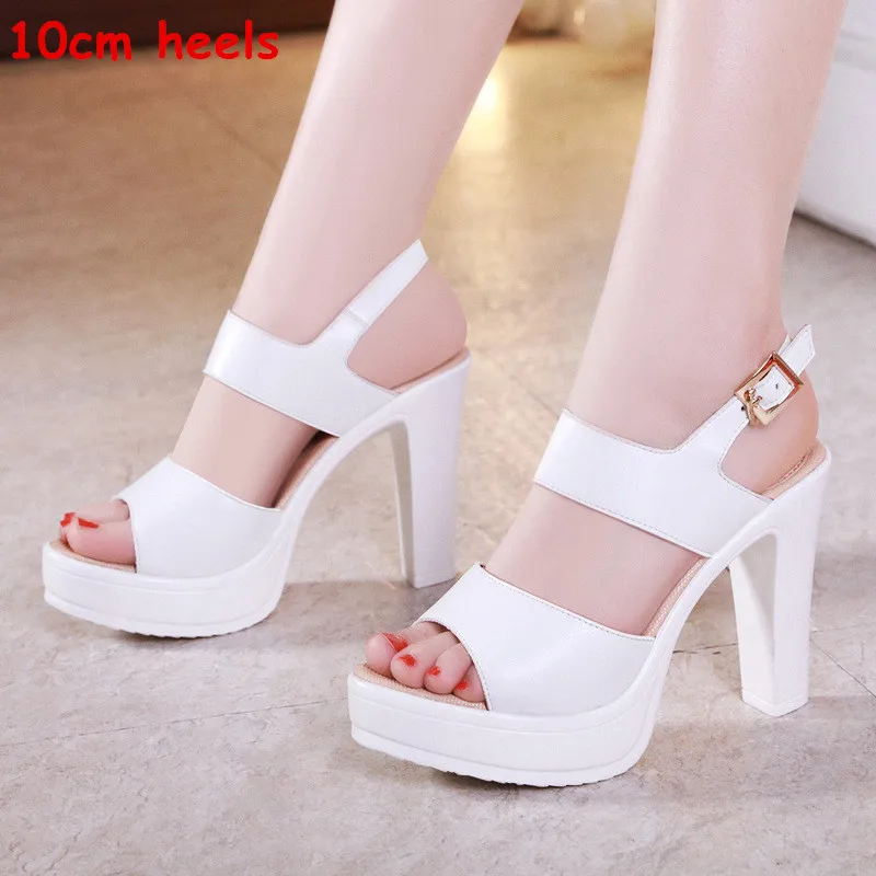 10cm heel white Qiannml/женская летняя обувь размера плюс 33-43; Босоножки на платформе; коллекция года; однотонные босоножки на высоком каблуке; женские босоножки черного и белого цвета - Цвет: 10cm heel white