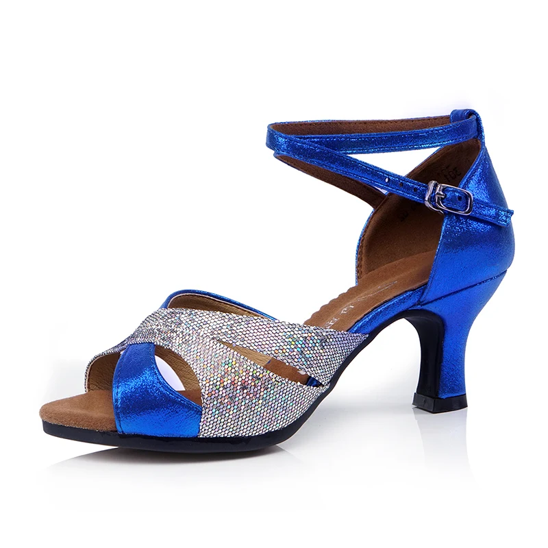 Туфли для латинских танцев синий цвет серебристый Золотой сатиновый Новое
