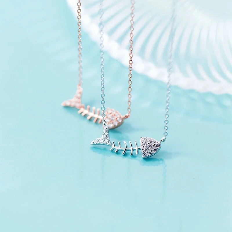 

Коллекция 100% года, 925, подвеска в виде рыбьей кости с кубическим цирконием, короткая цепь 43 см для жены, девочки, детей, подарки, ювелирные изд...