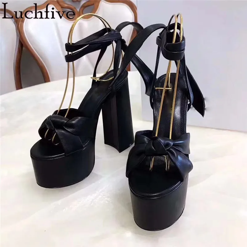 black Милые босоножки с бантом и цветочным узором; женские Вечерние туфли на высоком массивном каблуке с открытым носком; женские коричневые туфли на платформе со шнуровкой - Цвет: black