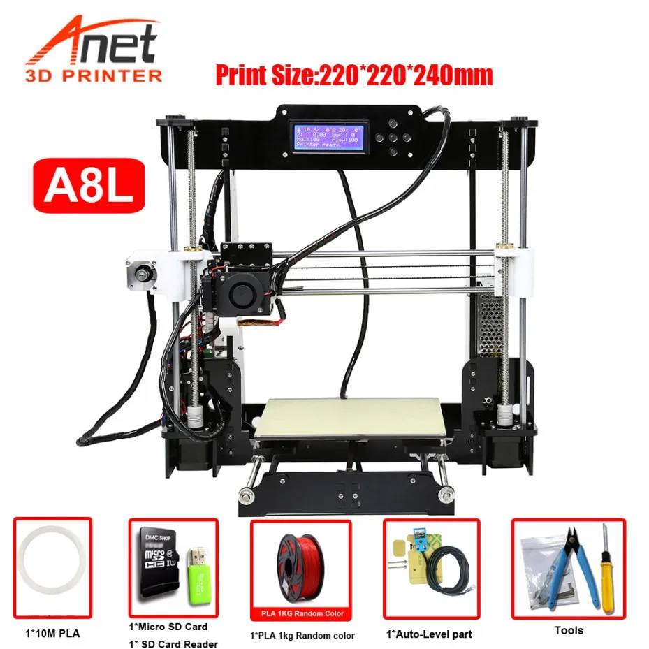 A8L With 1KG PLA Заводская распродажа Anet A8 3d принтер 2004 lcd MK8 насадка Высокая точность Reprap i3 DIY Набор 3d принтер размер печати 220*220*240 мм - Цвет: A8L With 1KG PLA