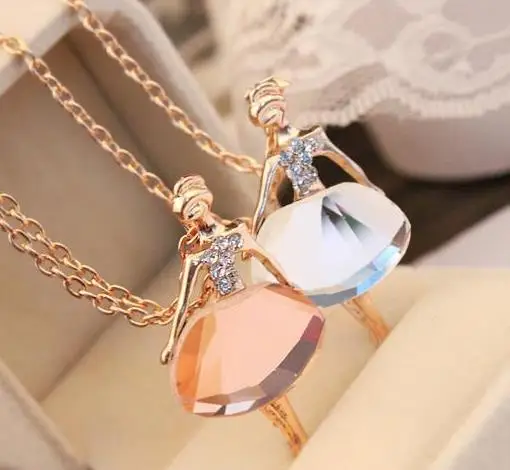 Fashion Sweet Charming Full Of Crystal Necklaces Female Ballet Girl Pendants Long Sweater Chain Necklaces. |