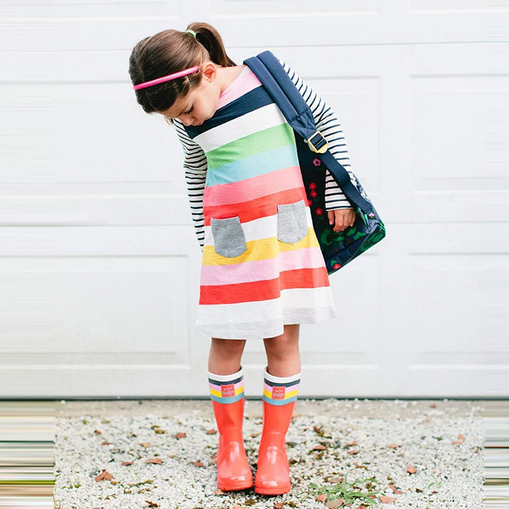 Baby girl dress Toddler Girls Striped Pocket Long sleeve Princess Casual Dress Outfits Girl clothes vestidos Dropshippping | Детская