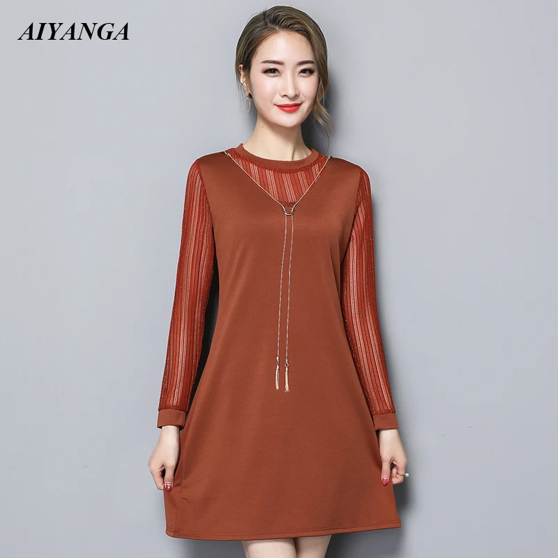 

AIYANGA Long Sleeve A-Line Dress For Women 2018 Autumn Dress Patchwork Lace Dresses Slim Elegant Ladies Short Dress Solid Color