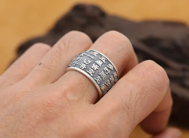 New Buddhist Heart Sutra Ring Real S999 Sterling Silver for Men Women Buddha Ring Vintage jewelry Arrival Thai silver ring