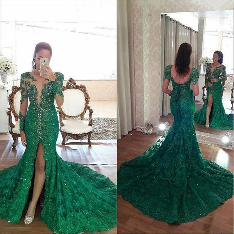 Женское вечернее кружевное платье-русалка платье с длинным рукавом и разрезом по