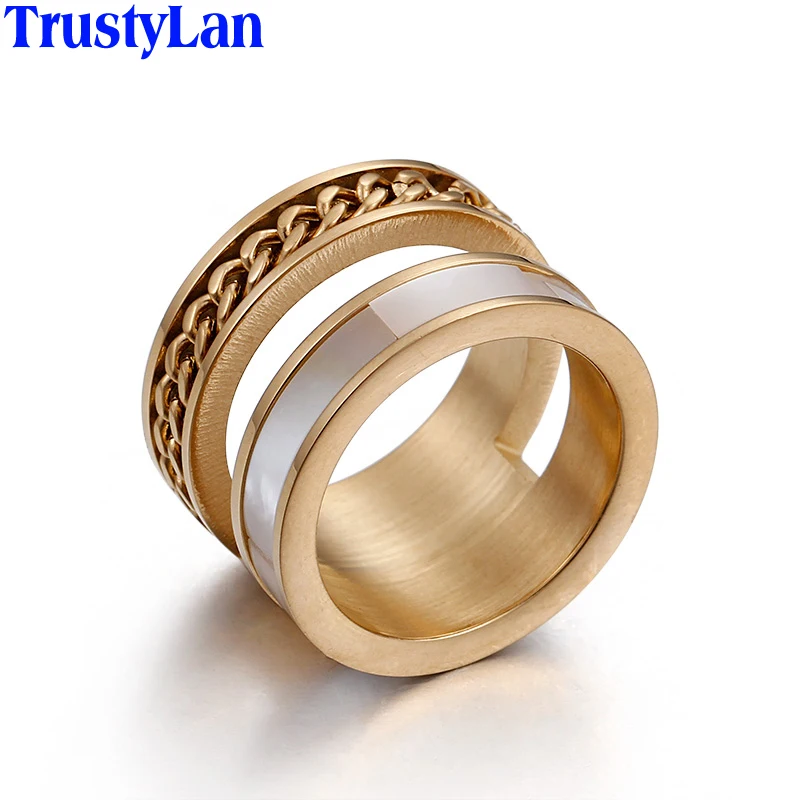 TrustyLan вращающийся двойной слой звено цепи форма, золотистый цвет кольца для женщин Мода оболочки Свадебные ювелирные изделия из нержавеющей стали