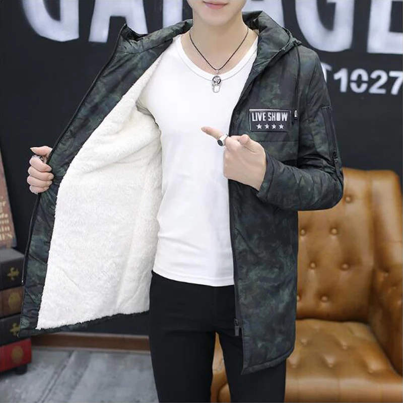 Мужские зимние Стиль длинная парка с капюшоном плюс бархат вниз теплые куртки