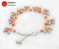 qingos trendy coral pearl bracelet for women with 5 6mm gray round pearl and 3 6mm pink coral 7 9 bracelet fine jewelry 383