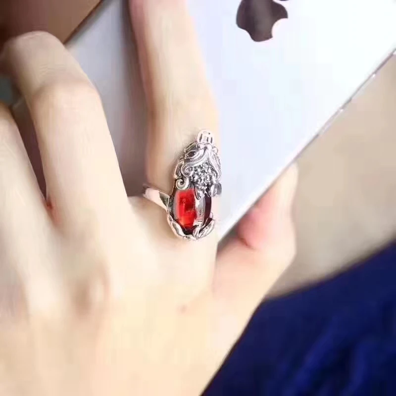 Классический S925 Серебряный и красный гранат Bless Pixiu женское счастливое регулируемое кольцо подарок США 6-10 элегантное Модное Новое кольцо
