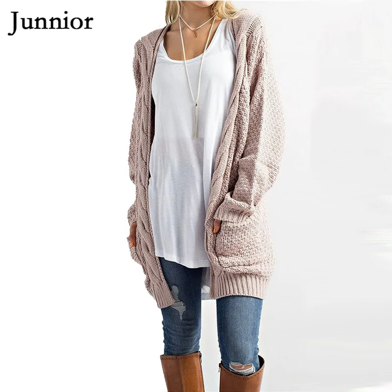 Loose Open Front Knit Sweater Women Long Sleeve Sweaters Solid Color Cardigans with Two Packets |