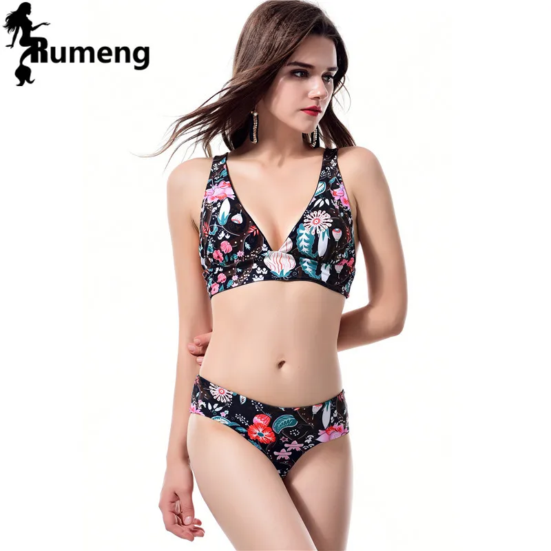 

RUMENG 2018 бикини пуш-ап новый купальник с цветочным принтом сексуальное Бразильское бикини женский пляжный купальник с открытой спиной винтаж...