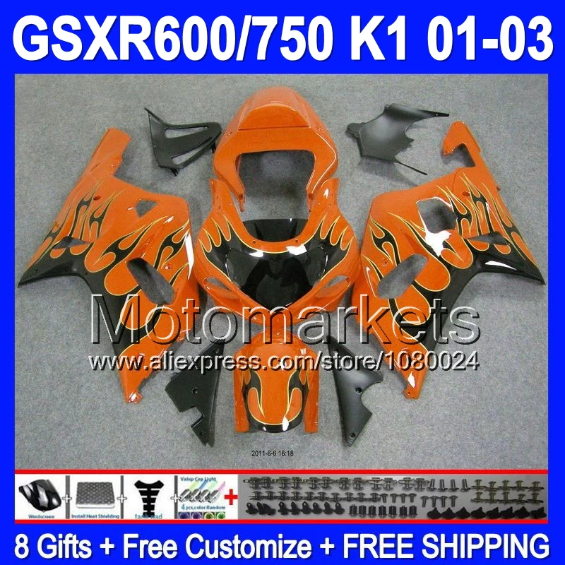 + Капот для SUZUKI 2001 2002 2003 K1 черный пламя # 4378 GSXR750 оранжевый blk GSX R600 R750 GSXR 600 750 GSXR600 01 02
