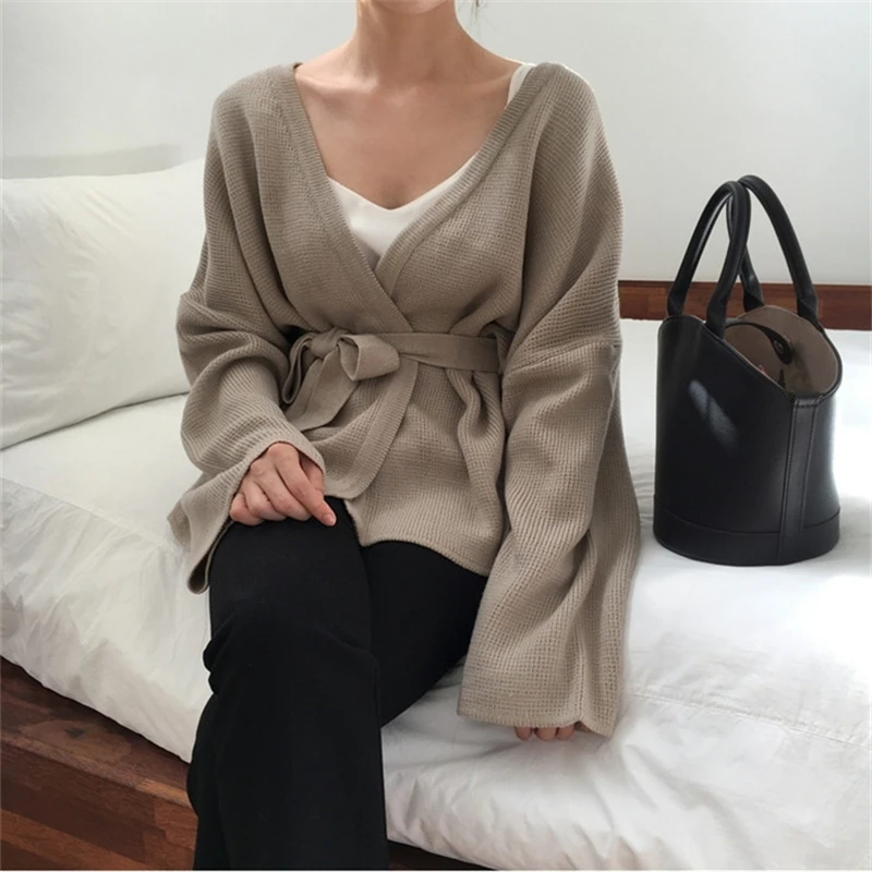Женский вязаный кардиган с v-образным вырезом Свободный свитер длинным рукавом