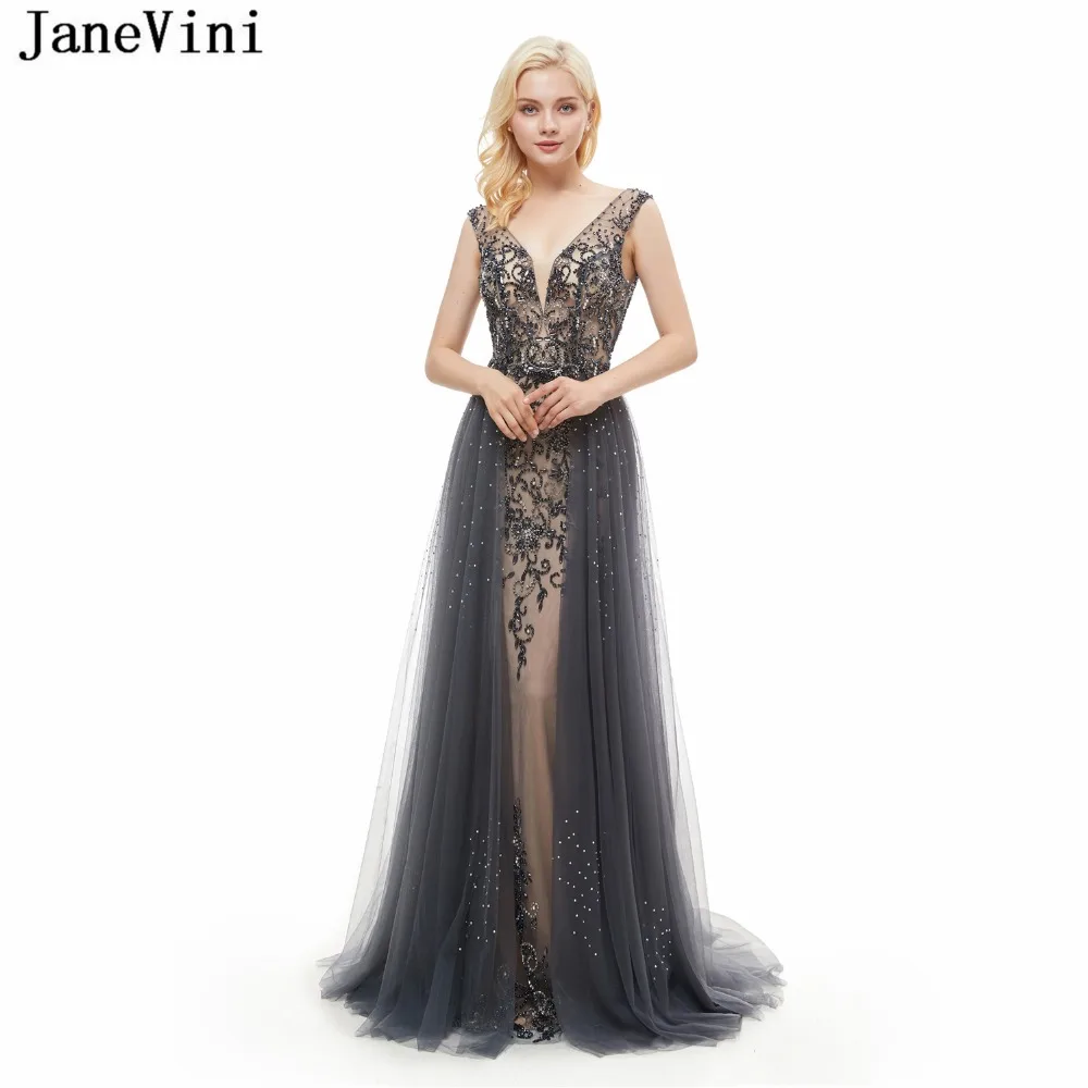 

JaneVini Gray Tulle Long Bridesmaid 2018 Sexy Deep V Neck Backless Beaded Crystal Mermaid Prom Dress Luxury Formal Party Gowns