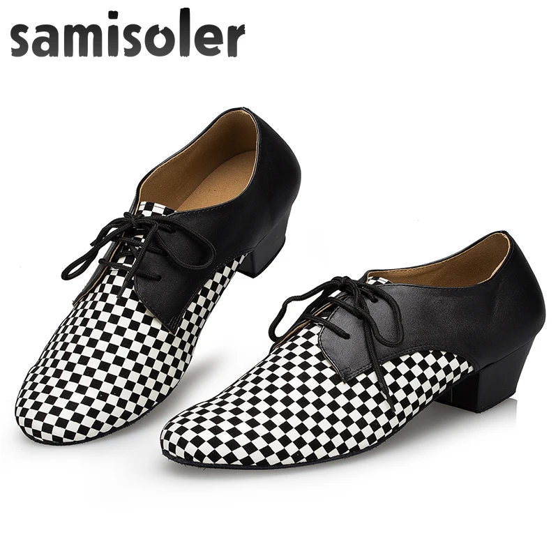 Мужские кожаные туфли для бальных танцев Samisoler черные белые на плоской подошве