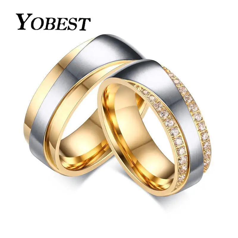 Мужское и женское кольцо Yobest обручальное золотого цвета с фианитом 7 мм для