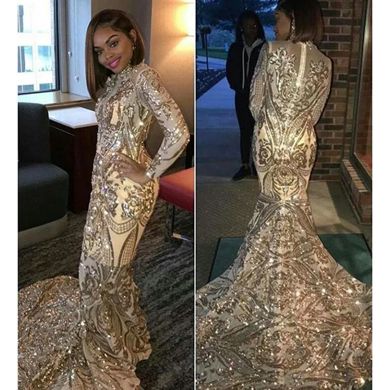 

Champagne Long Sleeve Mermaid Prom Dresses 2019 New Sweep Strain Illusion Sequined High Neck Formal Evening Dress Party Gowns