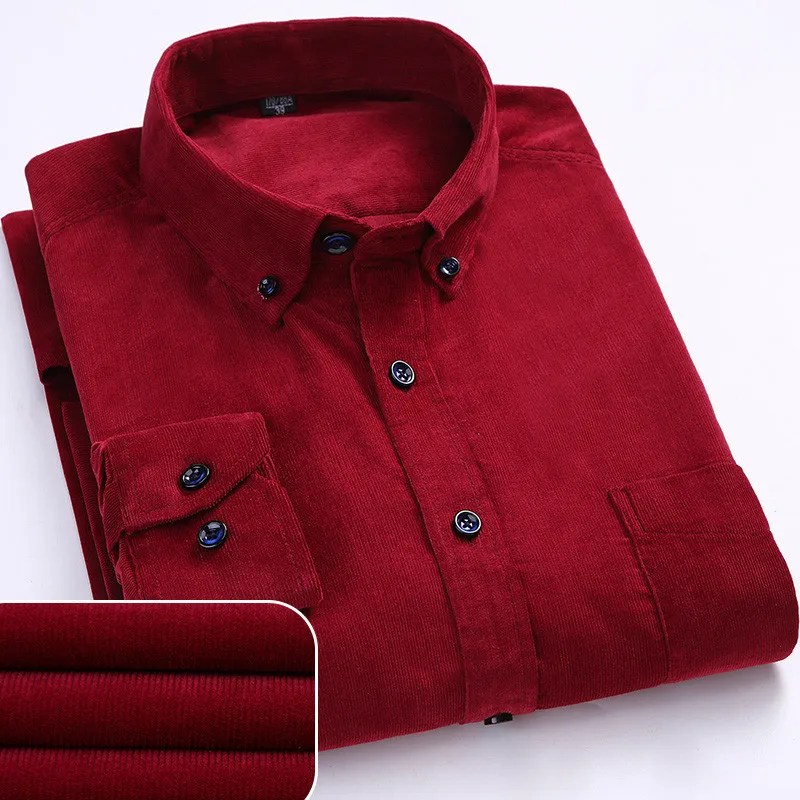 Plus Size 6xl Autumn/winter Warm Quality 100%cotton Corduroy long sleeved button collar smart casual shirts for men comfortable