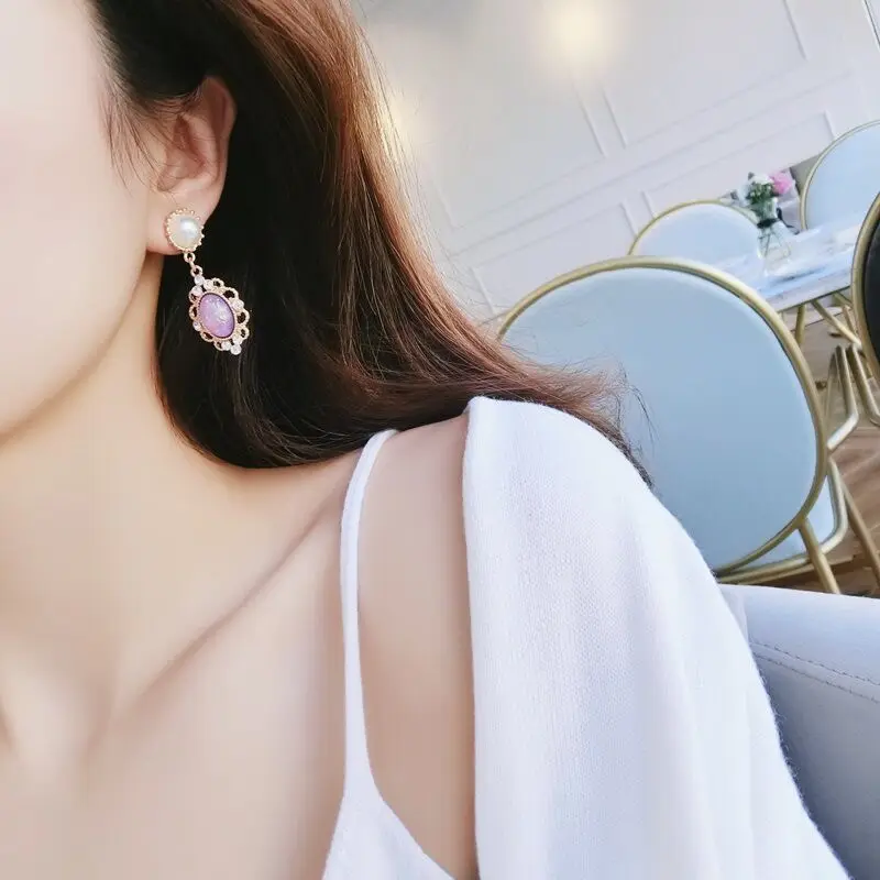 MENGJIQIAO 2018 Новое поступление Dreamy фиолетовый Овальный каменная капля Висячие