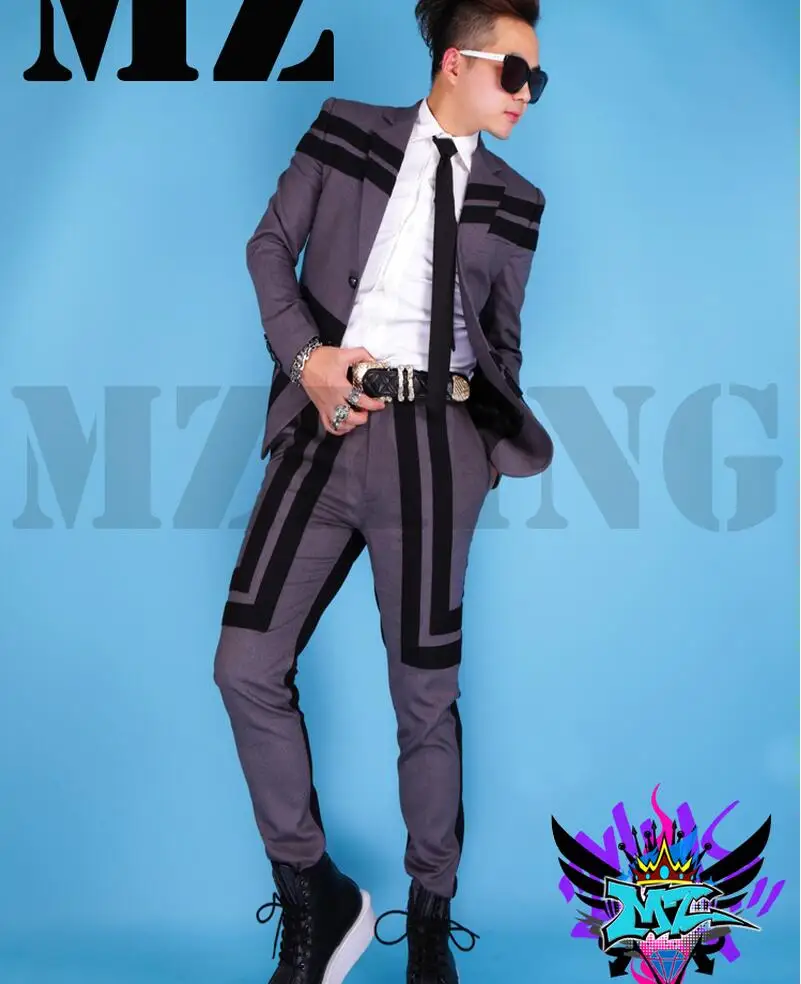 M-4xl Men Brand New Fashion Dj Nightclub Singer Exo Deep Gray Stripe Suit Super Good Thick Fabric Costumes Stage Formal Dress