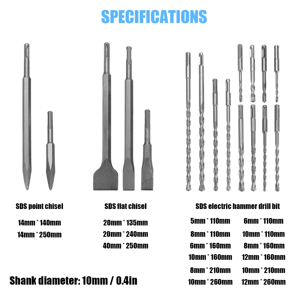 

17pcs SDS Drill Bits and Chisels Set for Electric Rotary Hammers Concrete Wall Drilling Grooving Tools Aluminum Box Kit