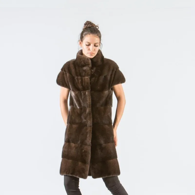 FURSARCAR Real Natural Mink Fur Winter Vest For Fashion Luxury Ladies Gilet Women Genuine Short Sleeve Brown Real Fur Coat - Цвет: Коричневый