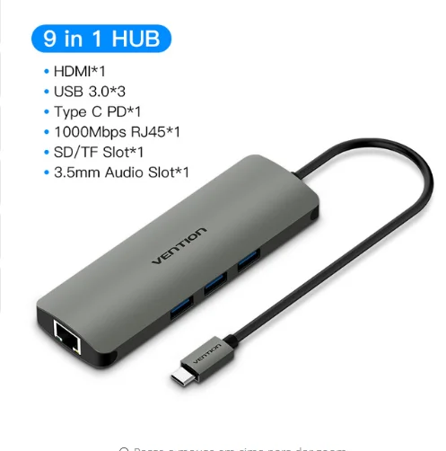Vention USB-C концентратор type C концентратор USB 3,0 Thunderbolt 3 HDMI 3,5 мм аудио RJ45 адаптер для MacBook Pro samsung Galaxy S9 USB C концентратор - Цвет: 9 in 1 HUB