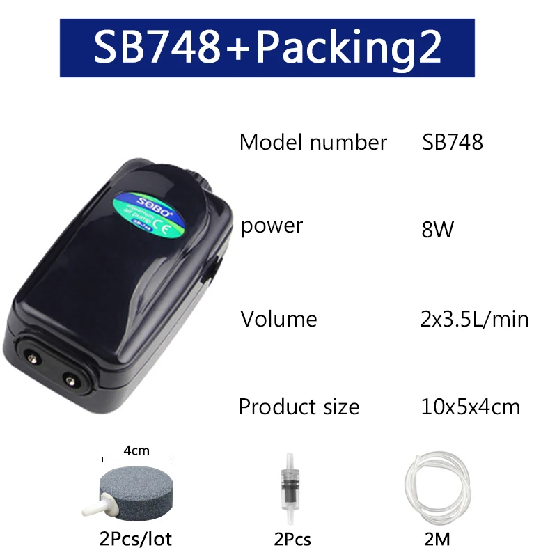 SB748 Packing2 SOBO 8 Вт 12 Вт кислородный воздушный насос для аквариума воздушный компрессор для аквариума Регулируемый воздушный поток кислородный насос для рыб 2/4 воздушные розетки - Цвет: SB748 Packing2