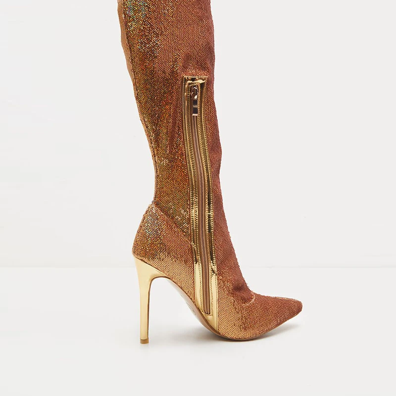 Женские сапоги выше колена с острым носком на высоком тонком каблуке молнии