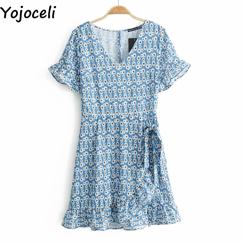 Женское Короткое платье Yojoceli элегантное пляжное с цветочным принтом и оборками
