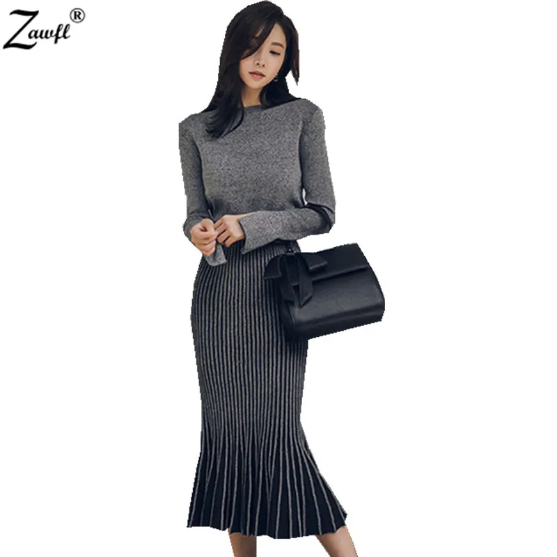 ZAWFL женские комплекты из 2 предметов 2021 Зимний пуловер свитер + юбка рыбий хвост