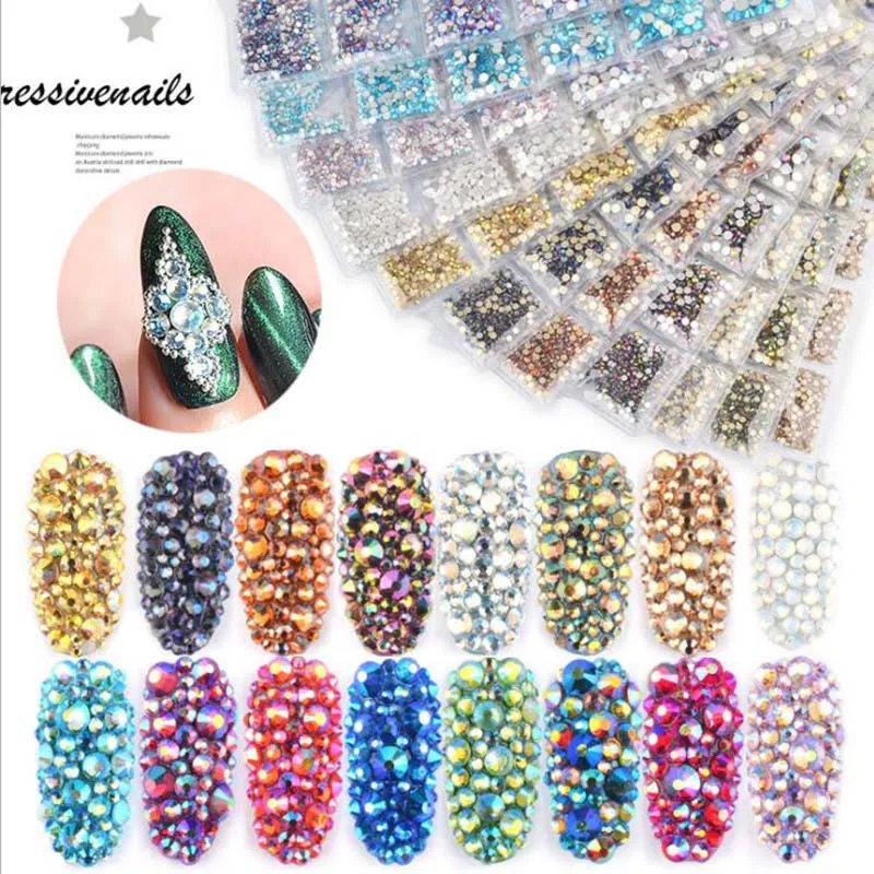 

1 Pack 16 Colors Flatback Glass Nail Rhinestones Mixed Sizes Nail Art Decoration Stones Shiny Gems Manicure Accessories
