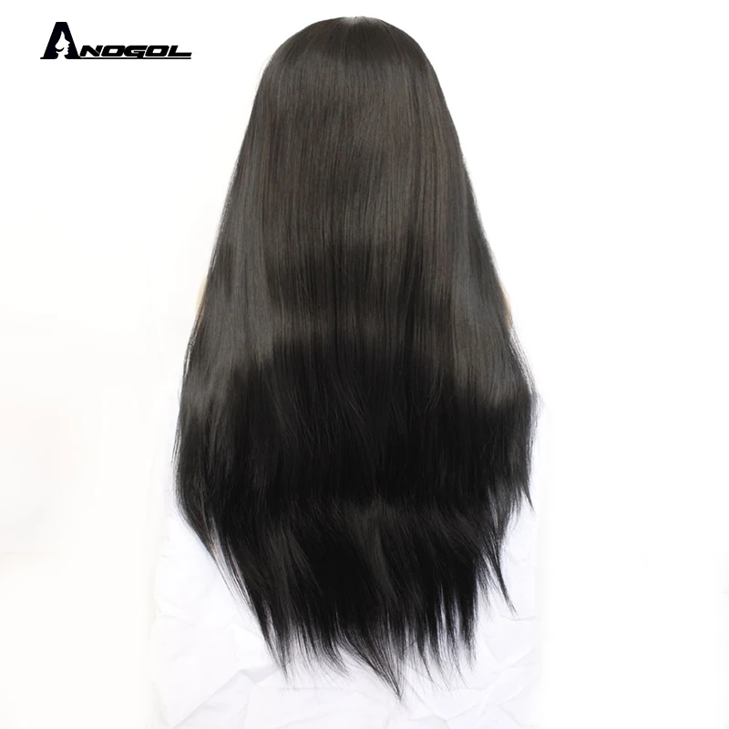 Anogol 1# черные длинные прямые 2# темно-коричневые парики для женщин термостойкие высокотемпературные волокна синтетические парики на кружеве 30"