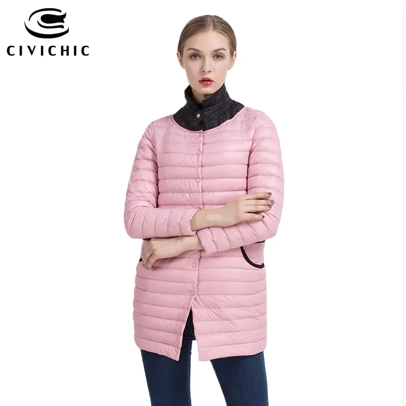 CIVICHIC Top Grade Woman Ultra Light Down Jacket Faux Wool Lapel Collar Coat Mid Long Slim Eiderdown Warm Out Buttons Wear DC517