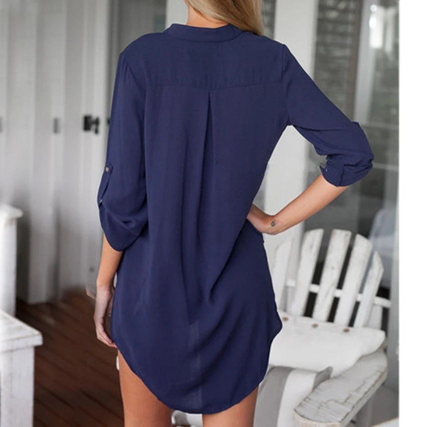 Блузка женская шифоновая на пуговицах с V образным вырезом и длинным рукавом|loose