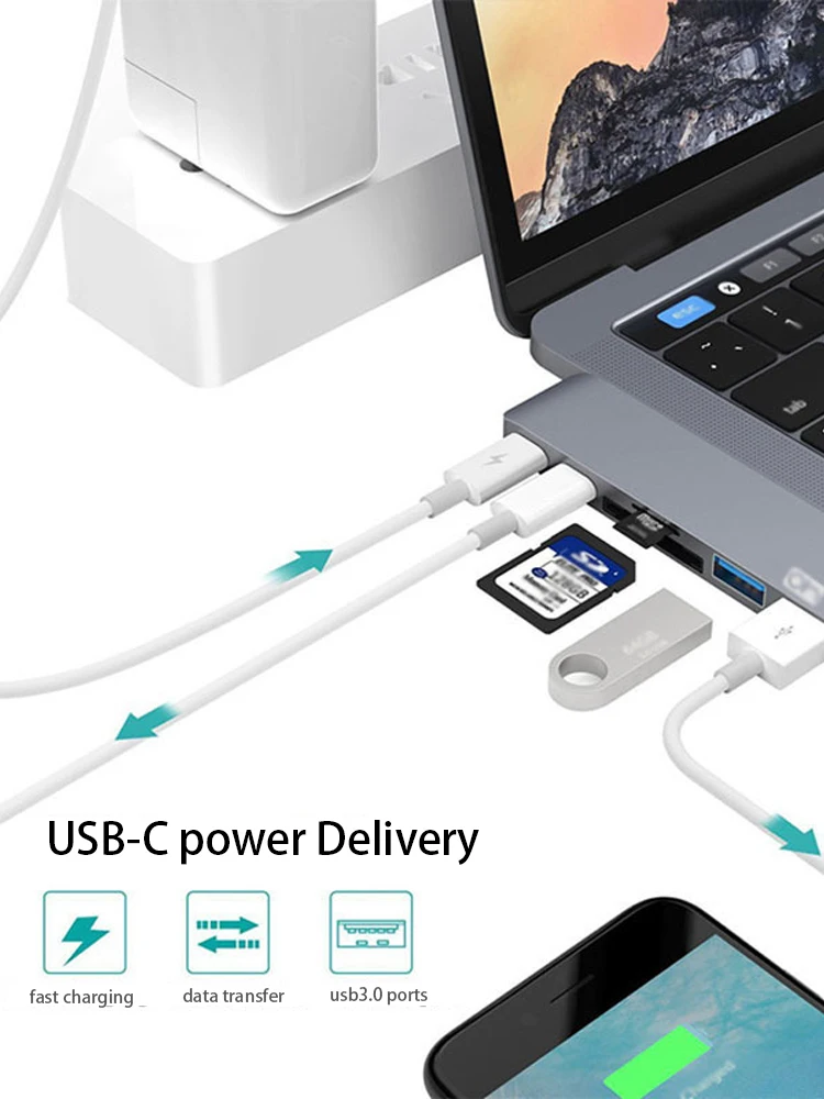 Typec to USB HUB 6 в 1 USB3.0 * 2 transport 5 Гбит/с 3A 60 Вт PD Быстрая зарядка SD TF карта для APPLE MacBook
