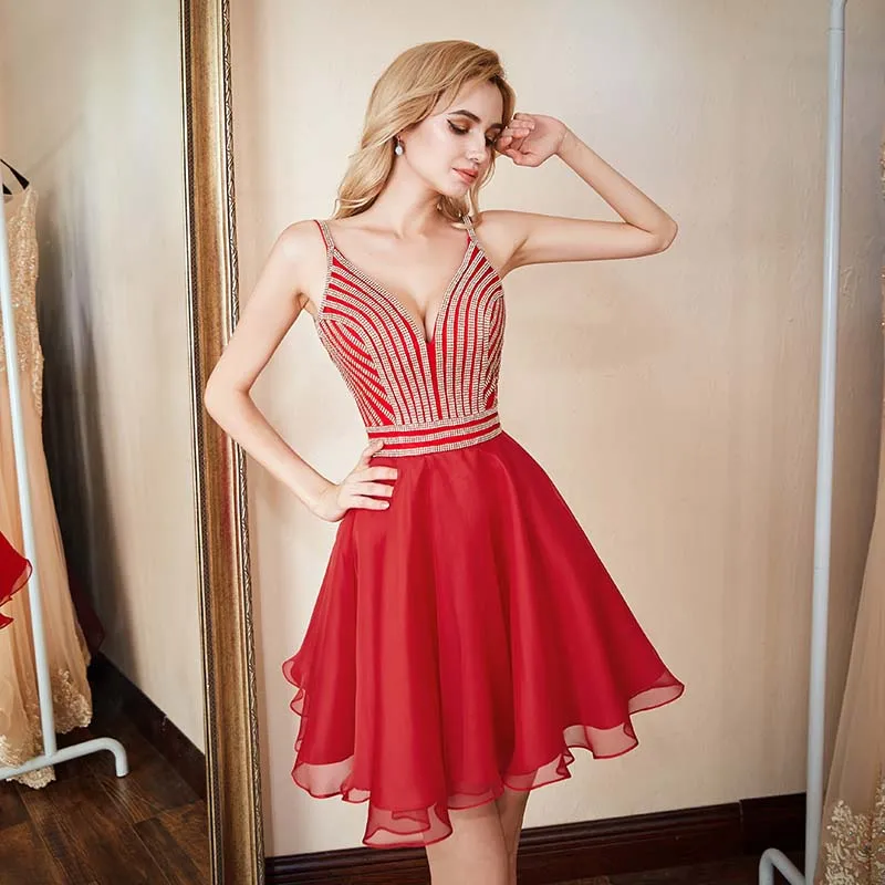 Короткое мини-платье для выпускного вечера сексуальное красное шифоновое