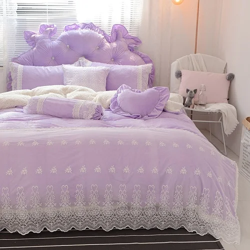 7 Blue Pink Purple Soft Berber Fleece Princess Girl White Lace Bedding Set Fleece Fabric Duvet Cover Bed sheet/Linen Pillowcases - Цвет: 7