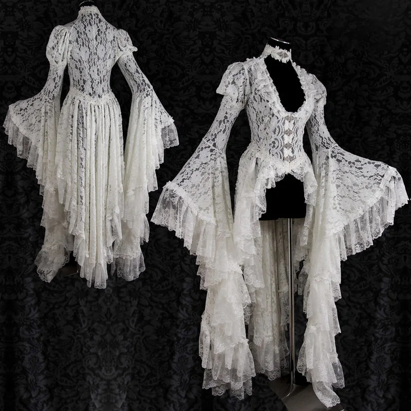 Women Vintage Solid Lace Wedding Dress Medieval Cardigan Cosplay Elegant Long Tail Pleated Outwear Victorian Ball Gown (S-5XL) |