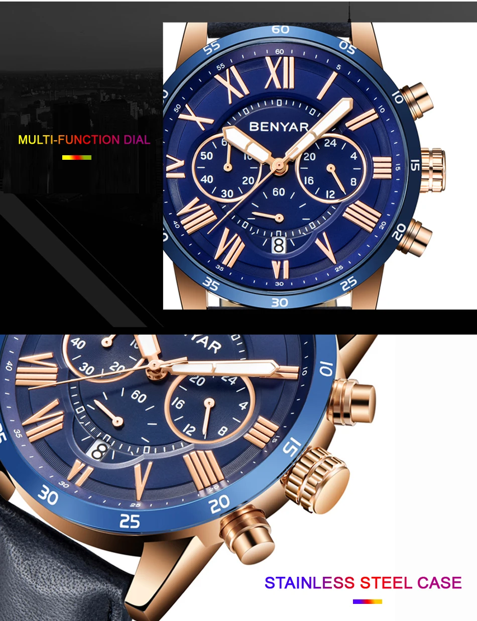 Reloj Hombre Топ бренд класса люкс BENYAR модный хронограф спортивные мужские часы военные кварцевые часы Relogio Masculino