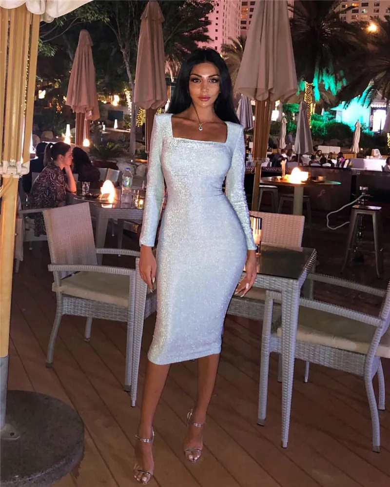 

Elegant Long Sleeve Knee Length Silver Women's Dress Celebrity Night Party Dresses Formal Dress