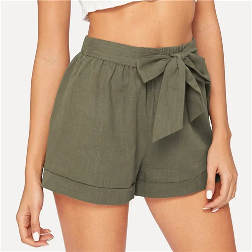 Army Green COLROVIE армейский зеленый Твердые Self поясом эластичный пояс повседневные шорты Ен Женская одежда лето г. Уличная леди элегантные шорты - Цвет: Army Green