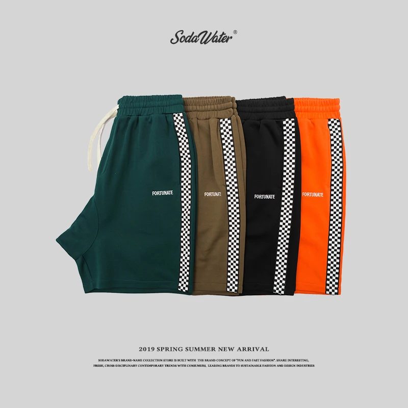SODAWATER 2019 Hip hop men shorts side plaid elastic waist knee length mens casual loose streetwear short pants 8409S | Мужская одежда