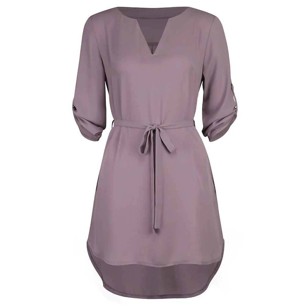 5 цветов, женское пляжное платье, короткая Туника Футболка, платье Vestidos, Однотонный сарафан с v-образным вырезом, винтажные карманы, свободные шифоновые вечерние платья - Цвет: Dousha