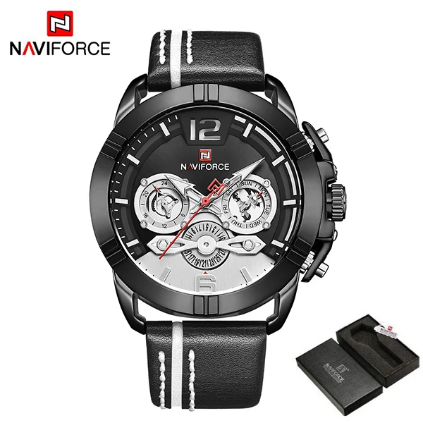 Black White Box NAVIFORCE мужские часы Топ бренд Роскошные модные мужские кожаные водонепроницаемые кварцевые часы мужские спортивные аналоговые часы Relogio Masculino - Цвет: Black White Box