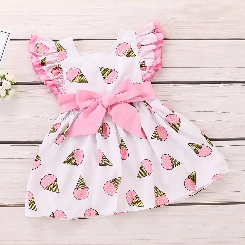 Toddler Baby Girls Sweet Cartoon Ice Cream Lace Dress Flare Short Sleeve Bow Summer Cute Sundress Clothes | Детская одежда и обувь
